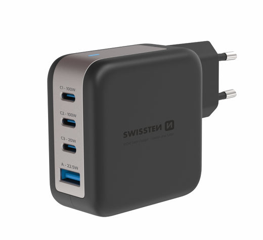 Swissten 100W GaN-Ladegerät mit 3 USB-C-Ports und USB-A – Schwarz – 22071600