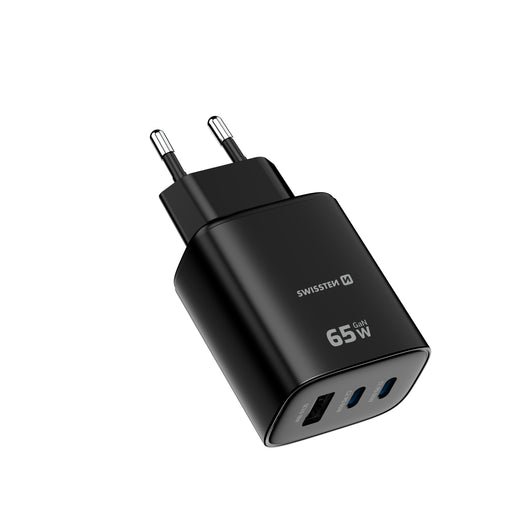 Swissten Edge 65W GaN-Ladegerät mit 2 USB-C-Ports und USB-A – Schwarz