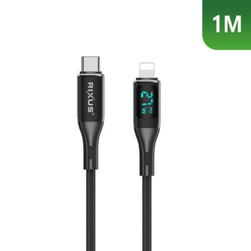 Rixus RXUC28L USB-C naar Lightning Nylon Kabel met LED Display 1m – Zwart
