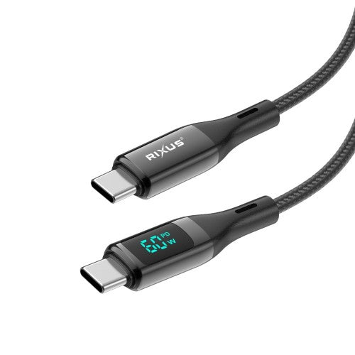 Rixus RXUC28C USB-C naar USB-C Nylon Kabel met LED Display 1m 60W – Zwart