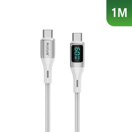 Rixus RXUC29C USB-C naar USB-C Nylon Kabel met LED Display – Wit