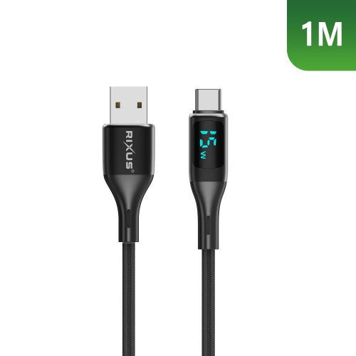 Rixus RXUC28AC USB-A naar USB-C Nylon Kabel met LED Display 1m – Zwart