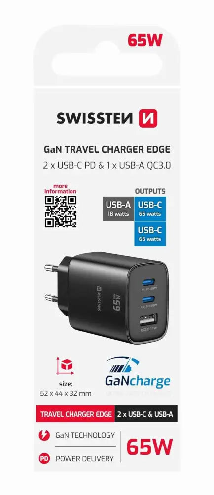 Swissten Edge USB-C-Reiseadapter – Leistungsstarkes 65-W-GaN-Schnellladegerät für zu Hause und unterwegs