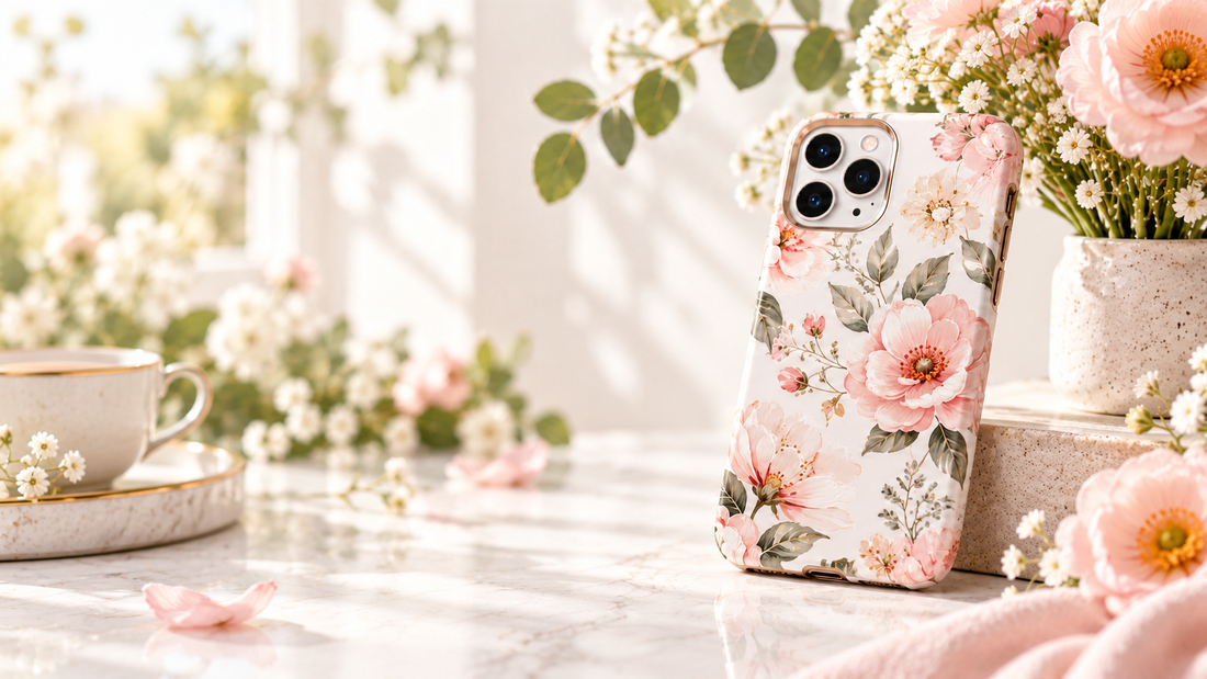 Bloemen telefoonhoesje in zachte lentetinten met bloemen eromheen