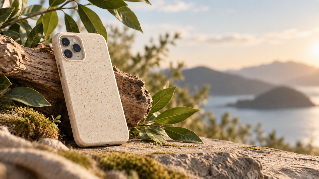 Duurzaam beige telefoonhoesje in een natuurlijke omgeving bij warm zonlicht