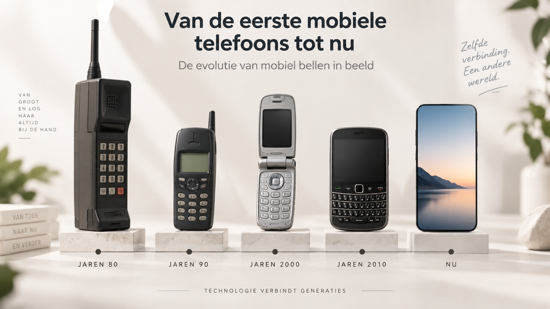 Afbeelding van de evolutie van mobiele telefoons van de jaren 80 tot nu.