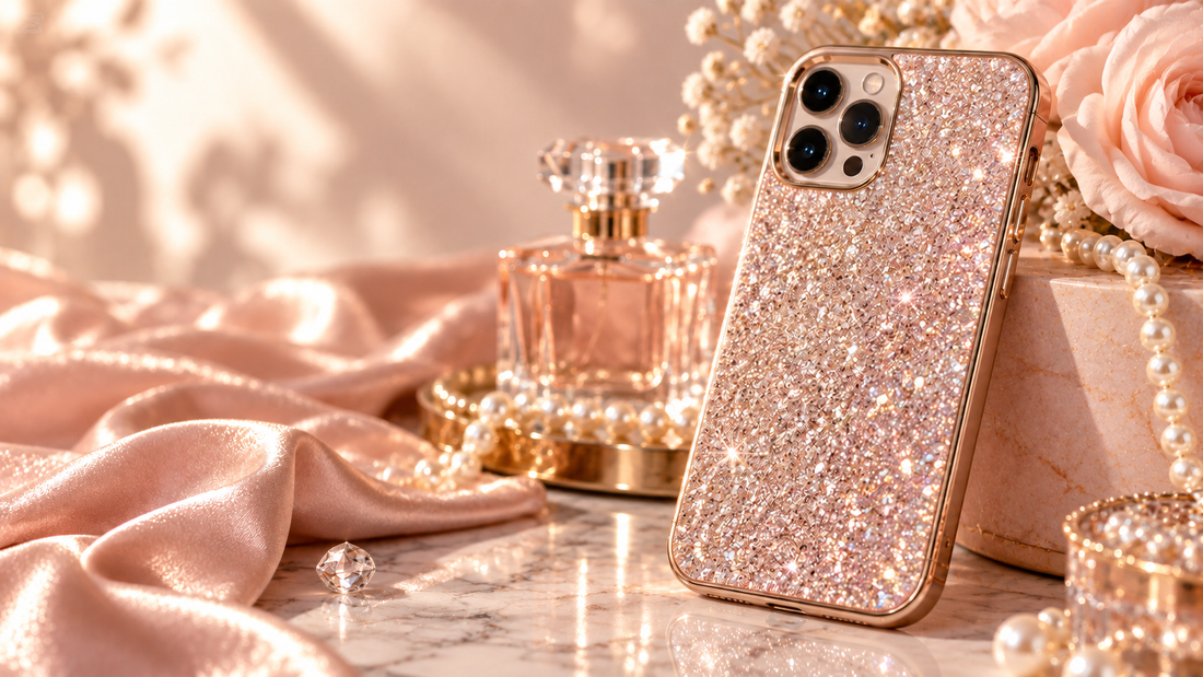 Glamoureus roségouden glitter telefoonhoesje met parels en luxe details