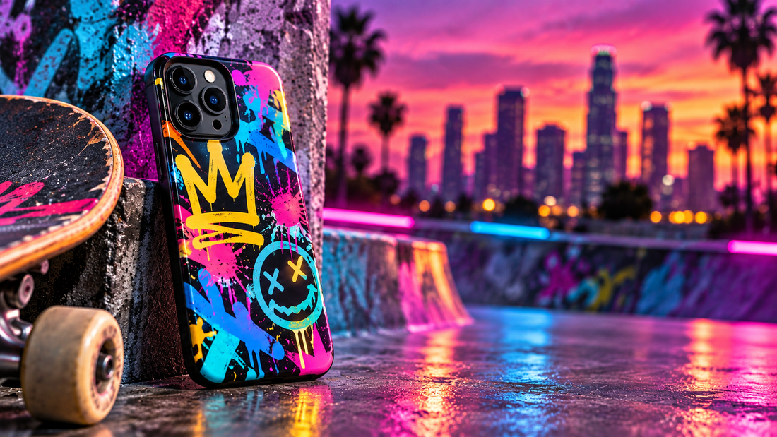 Kleurrijk street-art telefoonhoesje met neonaccenten in een urban setting