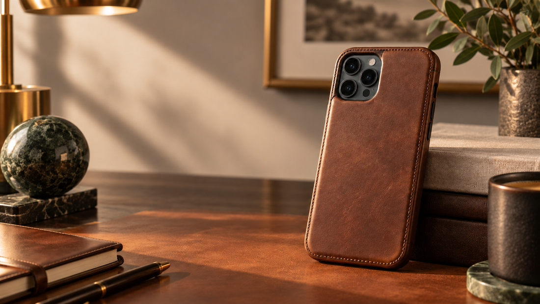 Luxe bruin leren telefoonhoesje op een stijlvol bureau