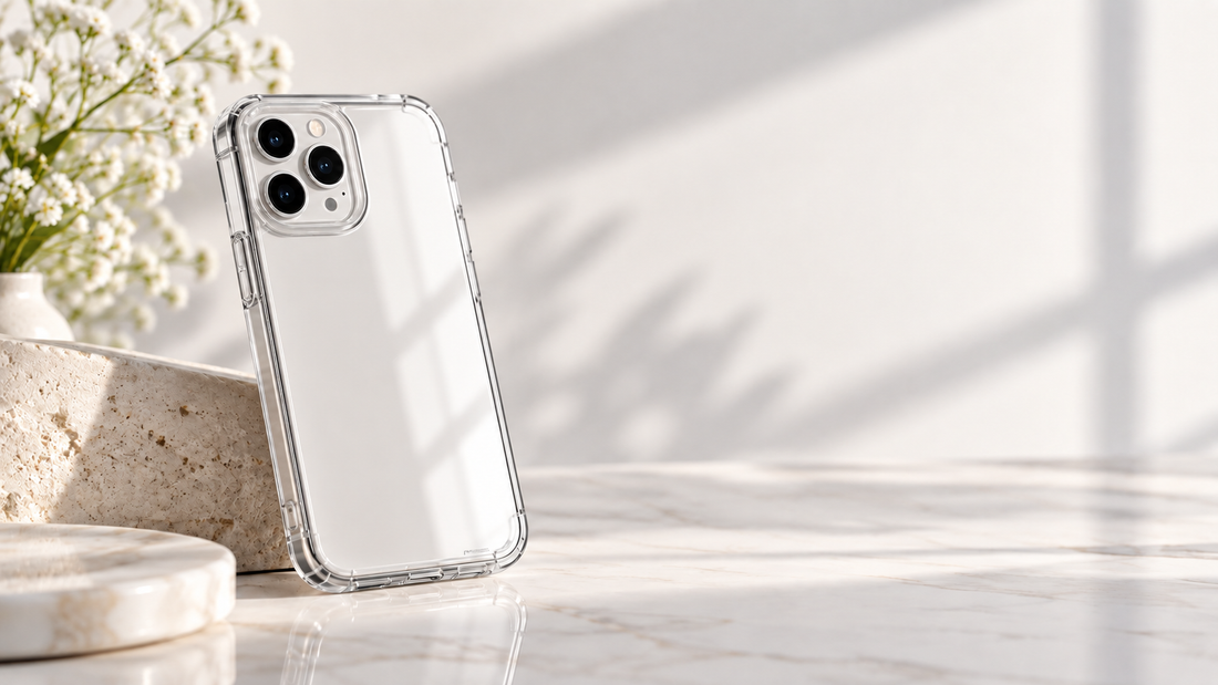Transparant telefoonhoesje in een minimalistische lichte setting