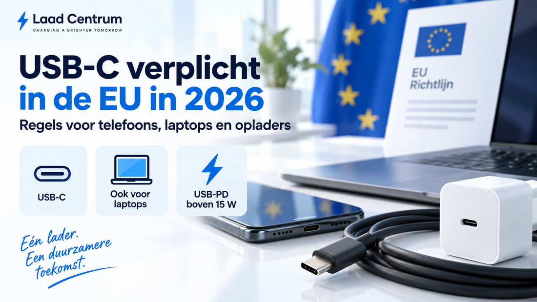 Afbeelding van USB-C oplader en laptop met tekst over usb-c regelgeving eu 2026 en afspraken in de EU.