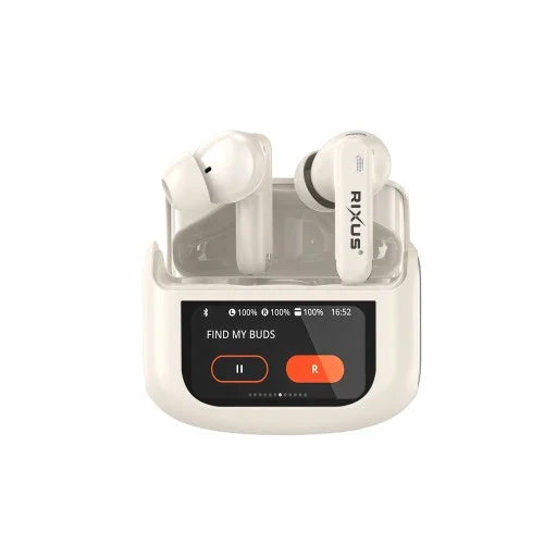 Beige draadloze oordopjes met touch case in opbergdoos met batterij-indicator.