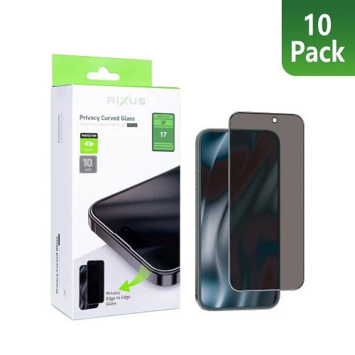 Rixus Privacy Full Curved Edge Tempered Glass voor iPhone 17 10-pack met verpakking en screenprotector.