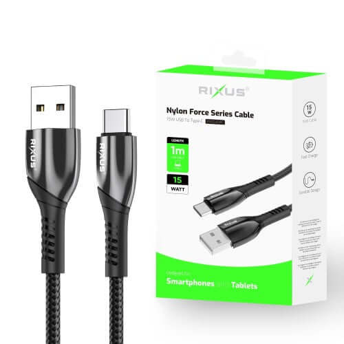 Rixus RXUC30AC USB-A naar USB-C datakabel met metalen afwerking in grijs, geschikt voor opladen en gegevensoverdracht.