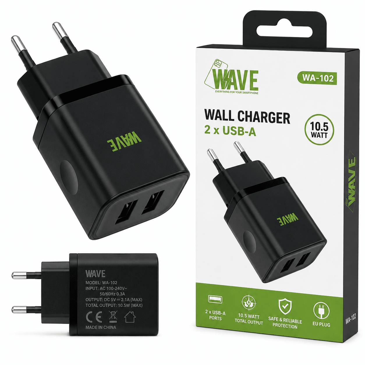 Wave WA-102 USB Wandlader 10.5W – 2x USB-A – Zwart - Laad Centrum