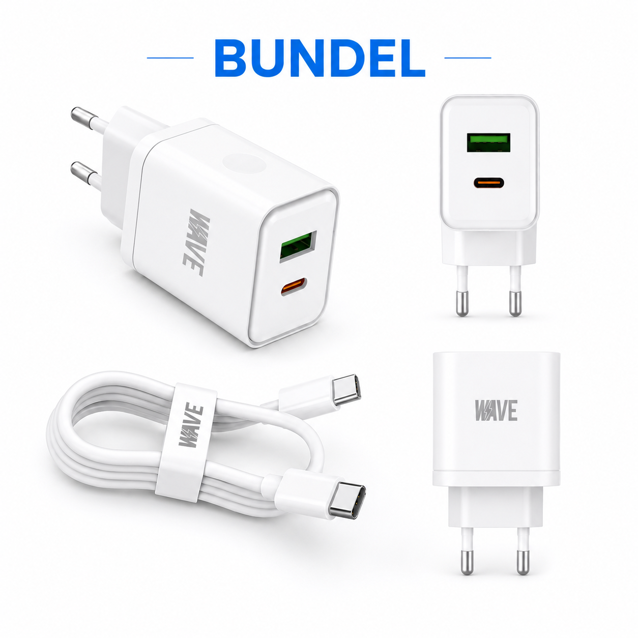 Wave WA-166-20 Travel Fast Charger USB-A & USB-C 20W + USB-C naar USB-C Kabel 1M – Wit