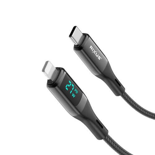 Rixus RXUC28L USB-C naar Lightning kabel met LED display, 1 meter lang, zwart, gevlochten afwerking.
