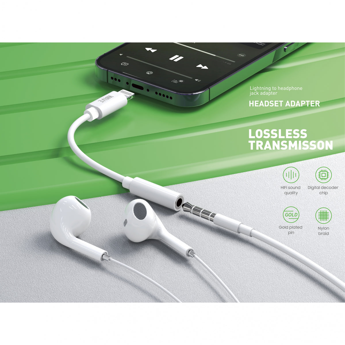 Wave WA-152 Lightning To 3.5 mm jack Adapter (wit) - Supports mic & music