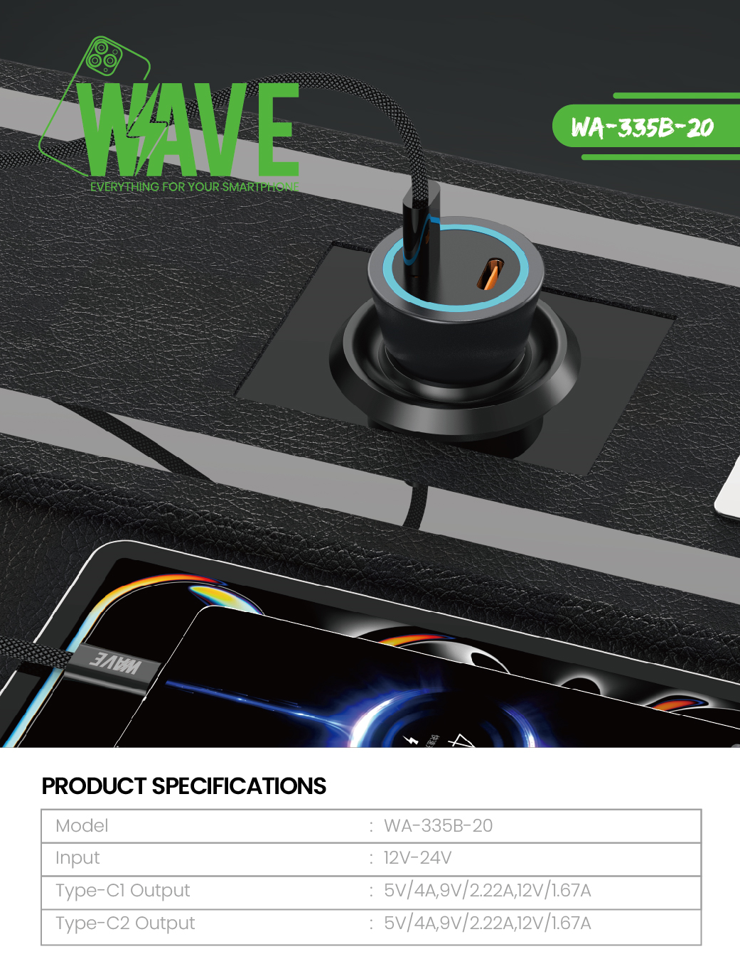 Wave WA-335B-20 Kfz-Ladegerät 40 W mit zwei USB-C-Ports und PD-Kabel – Schwarz