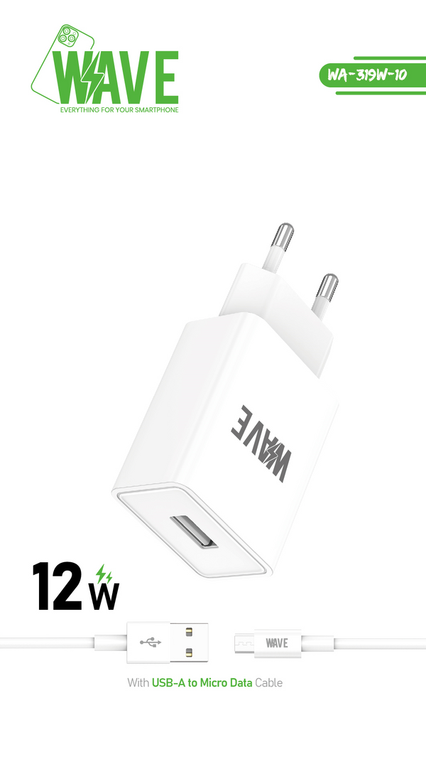 Wave WA-319W-10 USB-A-Ladegerät 12 W mit Micro-USB-Kabel – Weiß