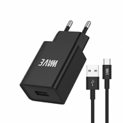 Wave WA-319B-20 USB-A-Ladegerät 12 W mit USB-C-Kabel – Schwarz