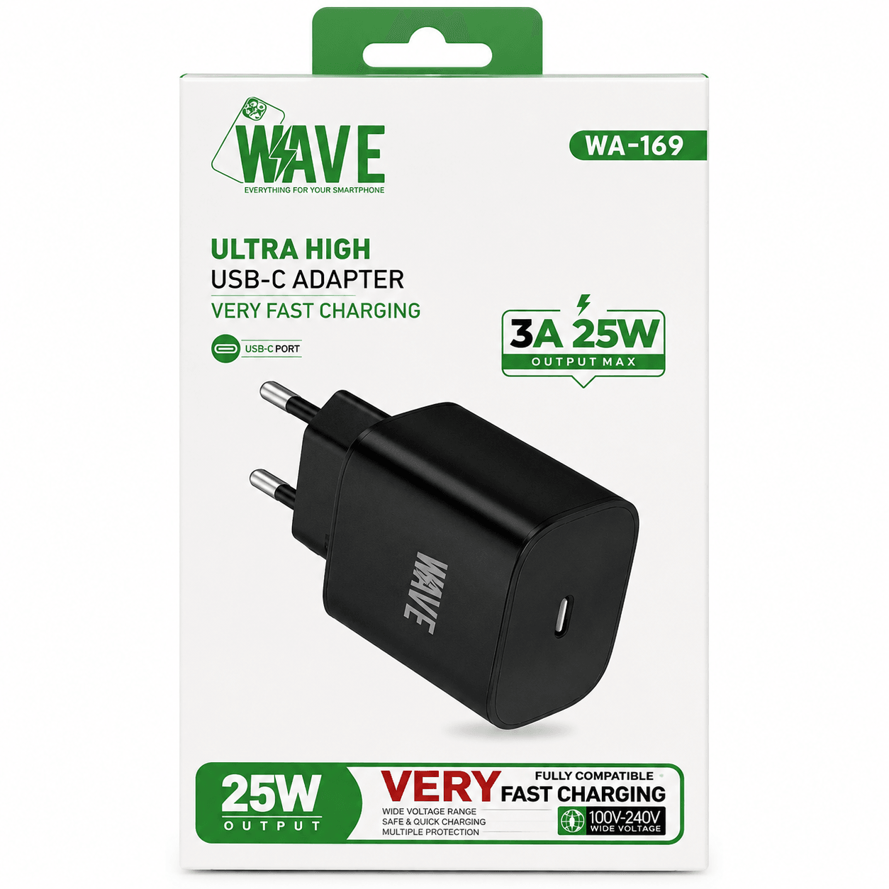 Wave WA-169 Ultra High USB-C Adapter 25W – 3A Fast Charger – Zwart - Laad Centrum