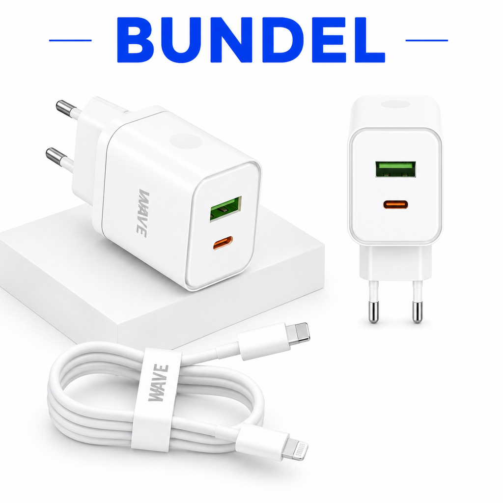 Wave WA-166-10 Travel Fast Charger USB-A & USB-C 20W + USB-C naar Lightning Kabel 1M – Wit