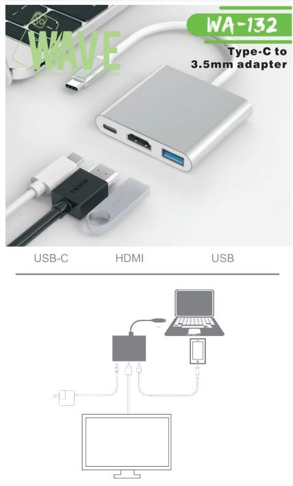 Wave WA-132 Multiport-Adapter USB-C auf HDMI+VGA+USB-C