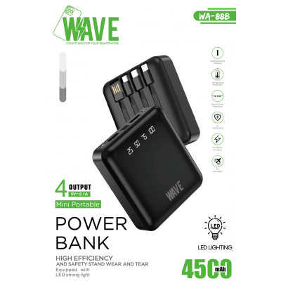 Wave WA-88B Mini Portable Powerbank 4500mAh – 4 Geïntegreerde Kabels – Zwart - Laad Centrum