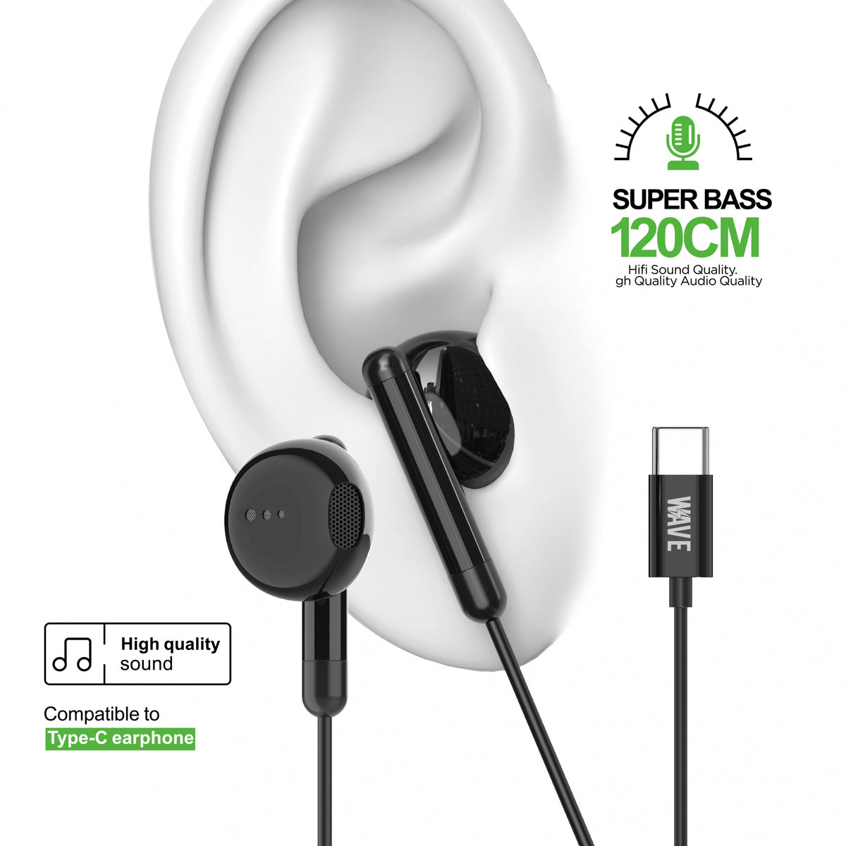 Wave WA-80B Wired Ear Phone Type-C (zwart)