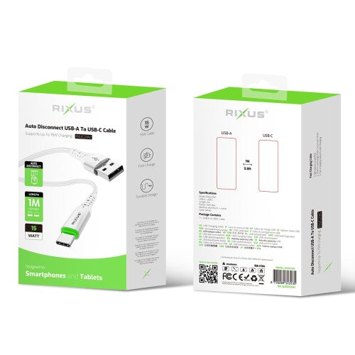 Rixus RXUC21AC Auto Disconnect USB-A naar USB-C kabel 1m wit – kabeldetail