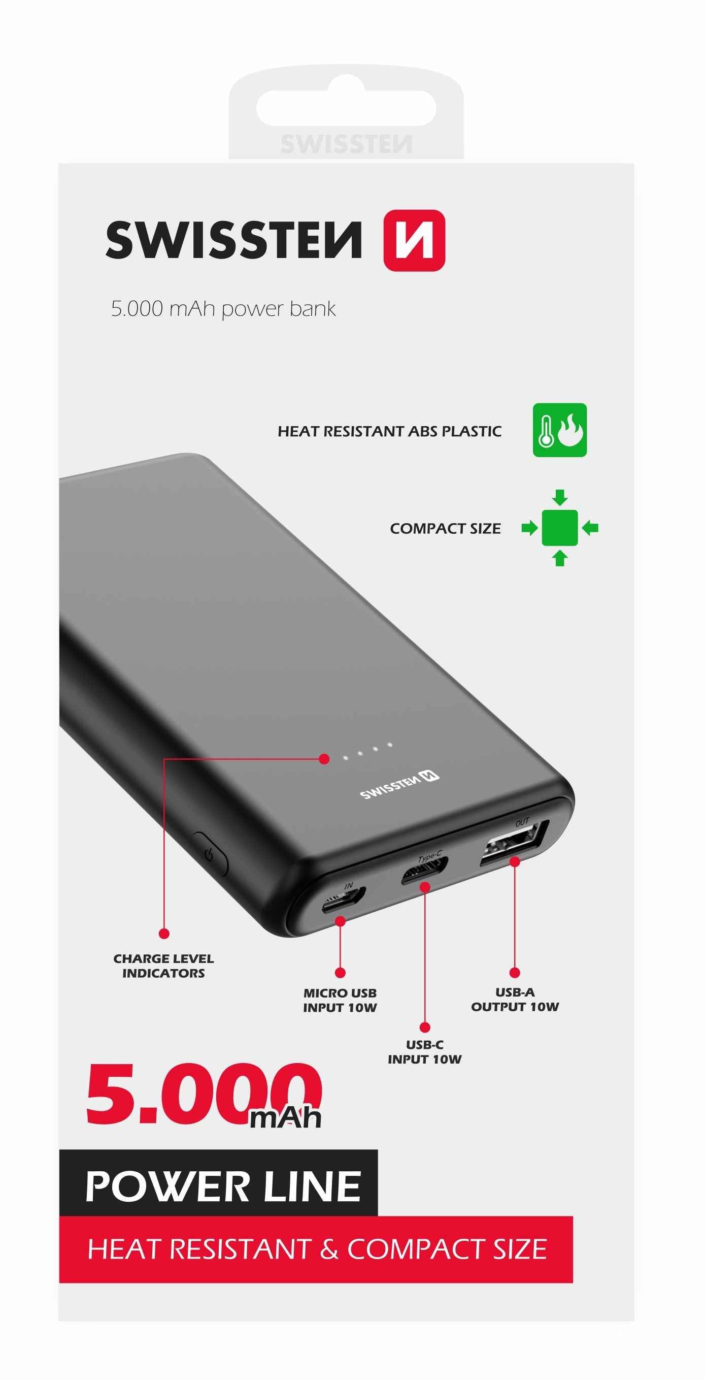Swissten PowerLine Powerbank 10W – 5.000 mAh – Zwart