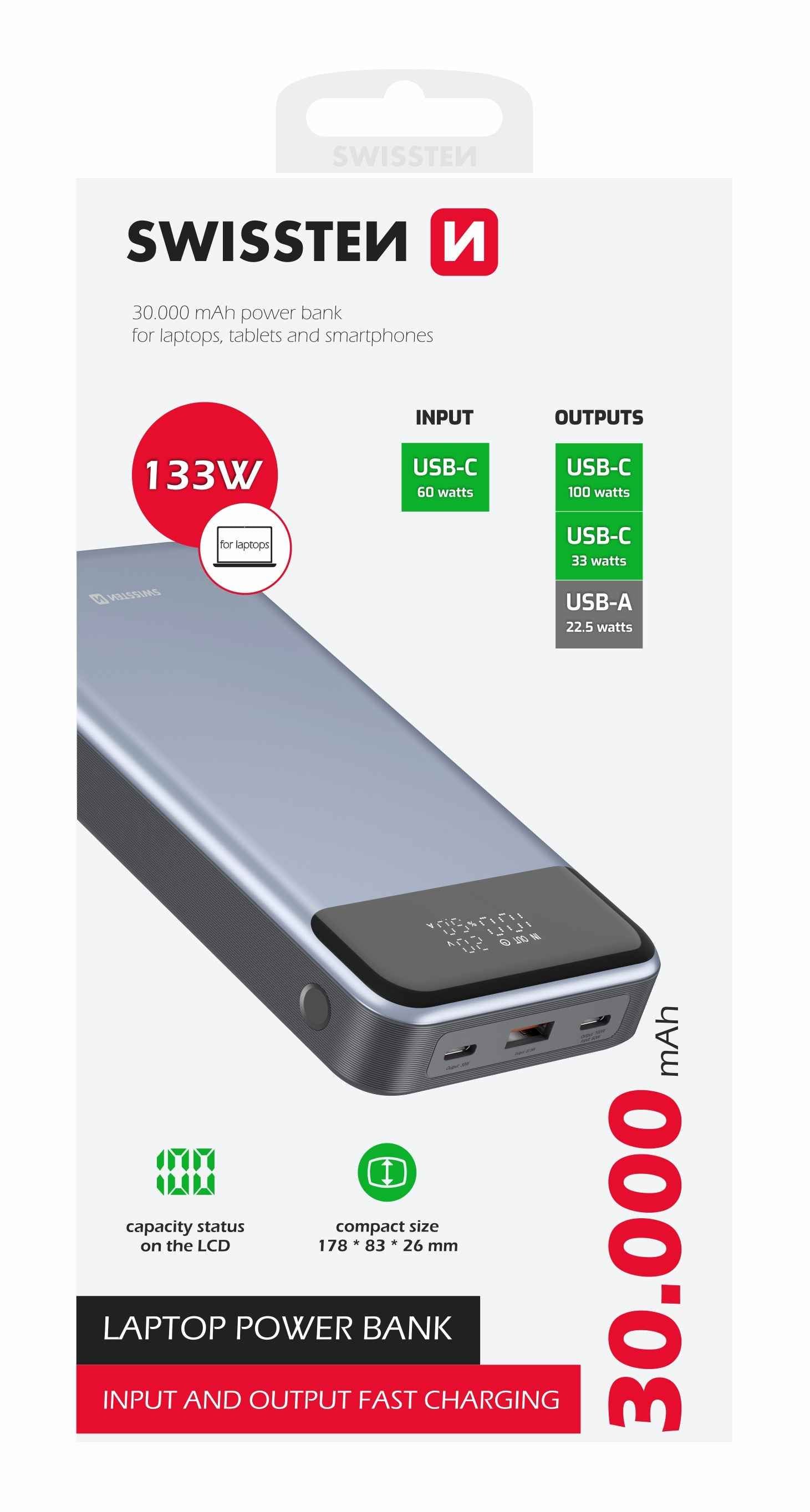Swissten Power Delivery Powerbank 133W – 30.000 mAh – Voor Laptops – Grijs