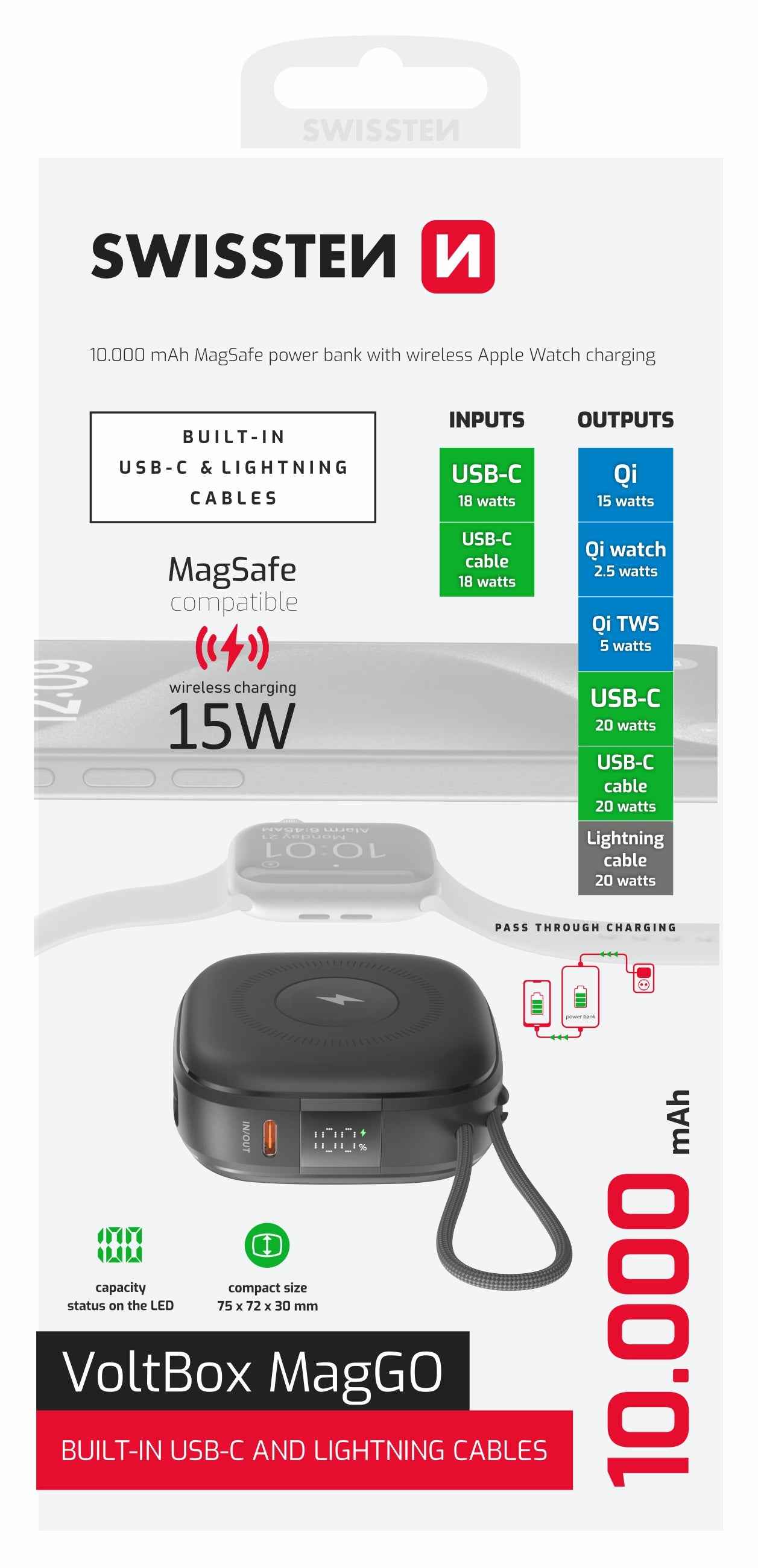 Swissten VoltBox MagGo MagSafe Powerbank – 10.000 mAh – USB-C & Lightning – Zwart