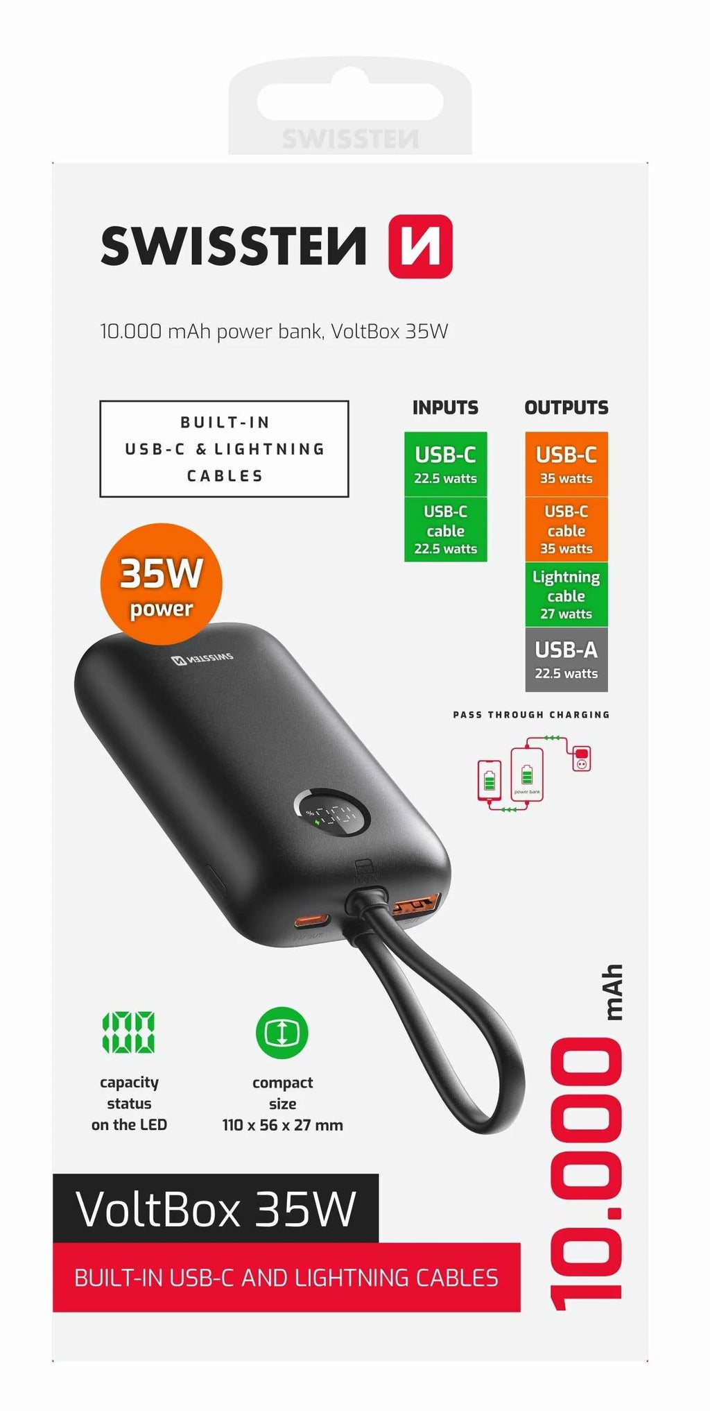 Swissten VoltBox Powerbank 35W – 10.000 mAh – USB-C & Lightning – Zwart