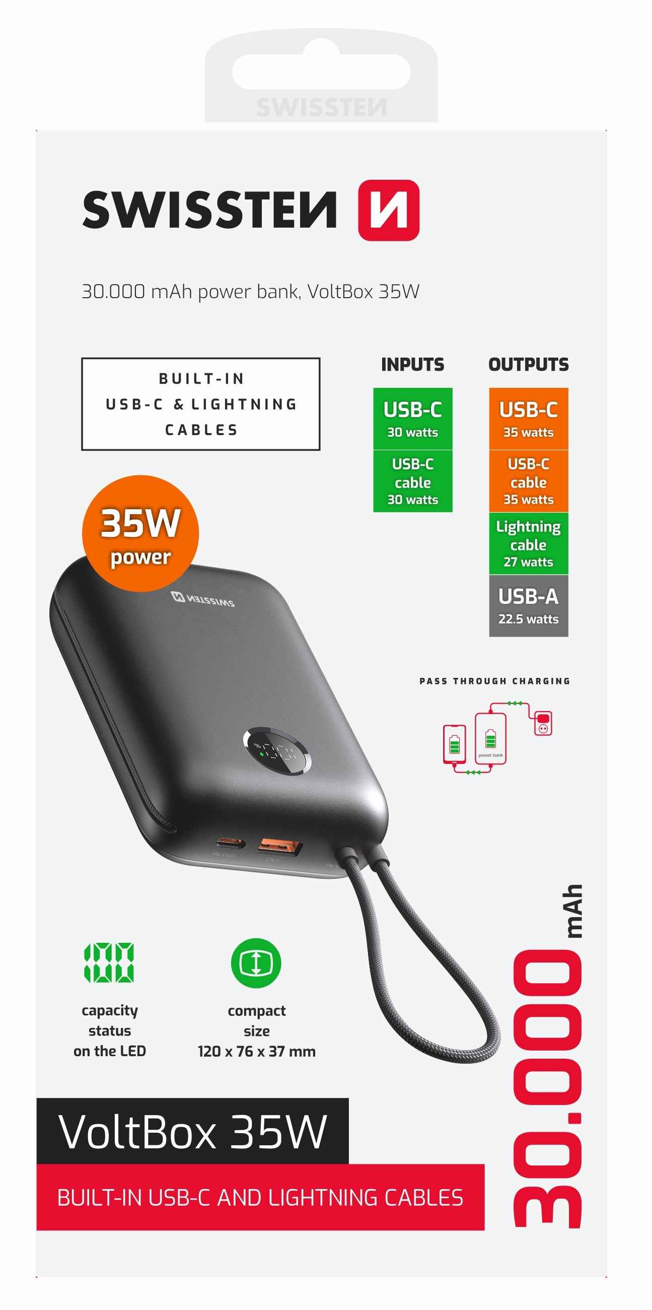 Swissten VoltBox Powerbank 35W – 30.000 mAh – USB-C & Lightning – Zwart