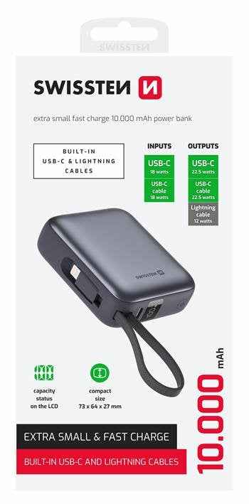 Swissten Powerbank 10.000 mAh – Ingebouwde USB-C & Lightning Kabels – Zilver