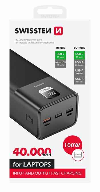 Swissten PowerLine Powerbank 100W – 40.000 mAh – Zwart