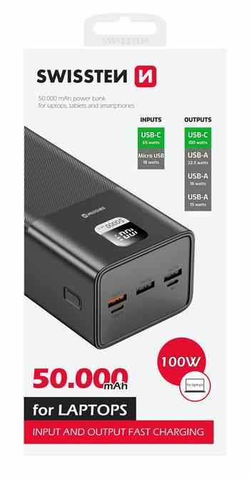 Swissten PowerLine Powerbank 100W – 50.000 mAh – Zwart