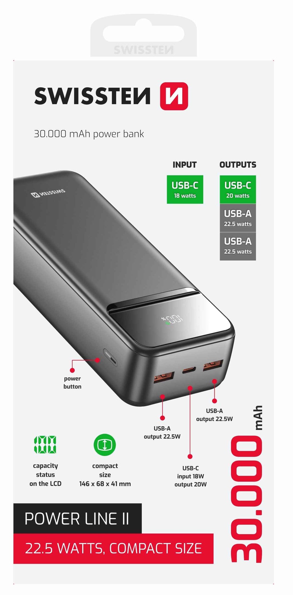 Swissten Powerline II Powerbank – 30.000 mAh – Zwart