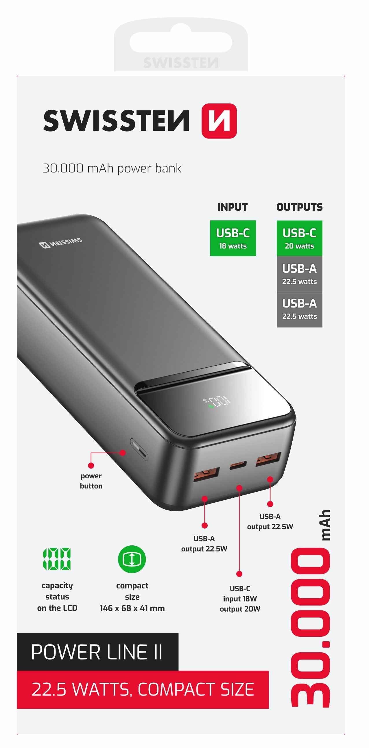 Swissten Powerline II Powerbank – 30.000 mAh – Zwart
