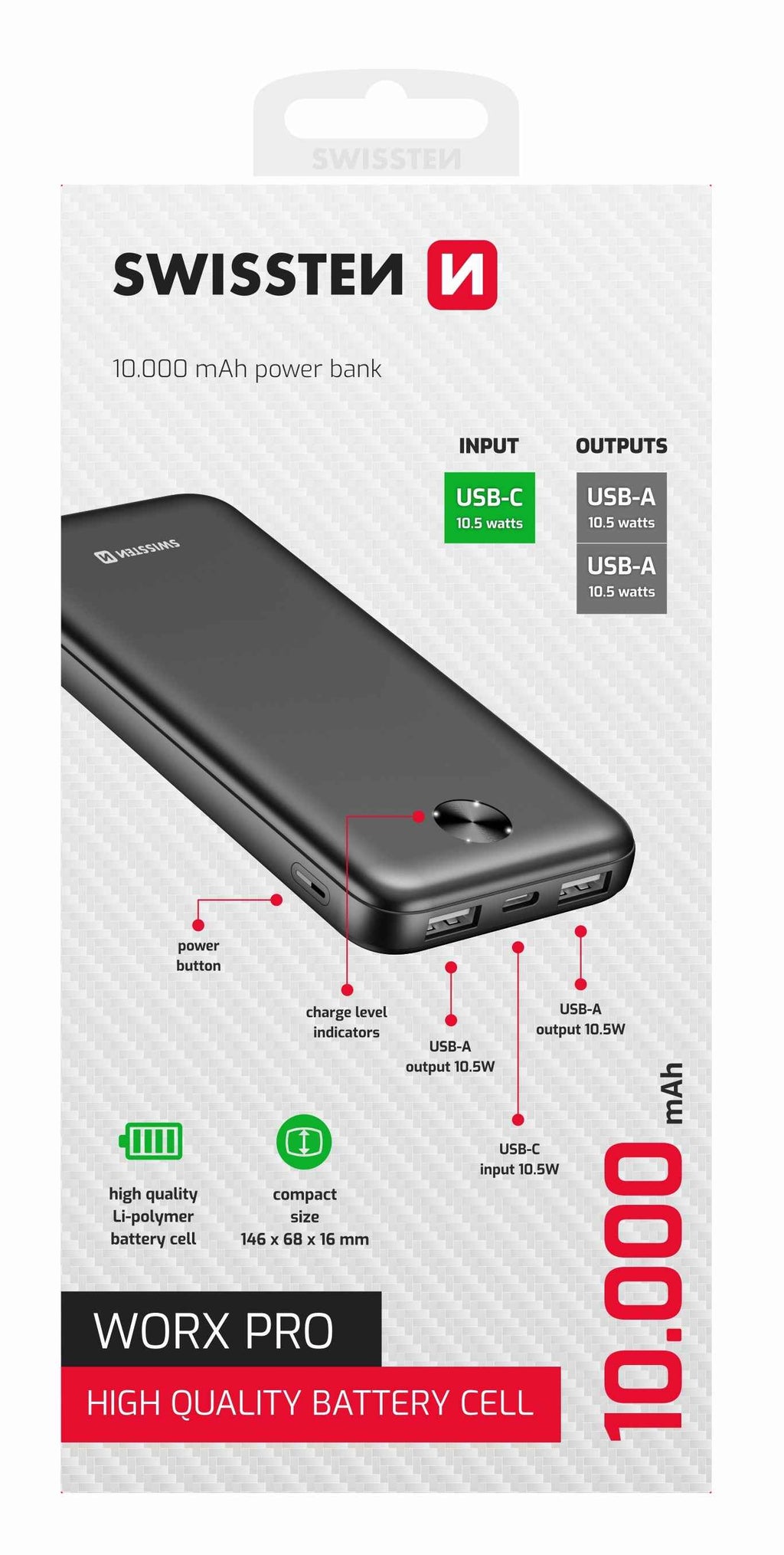 Swissten Worx Pro Powerbank – 10.000 mAh – Zwart