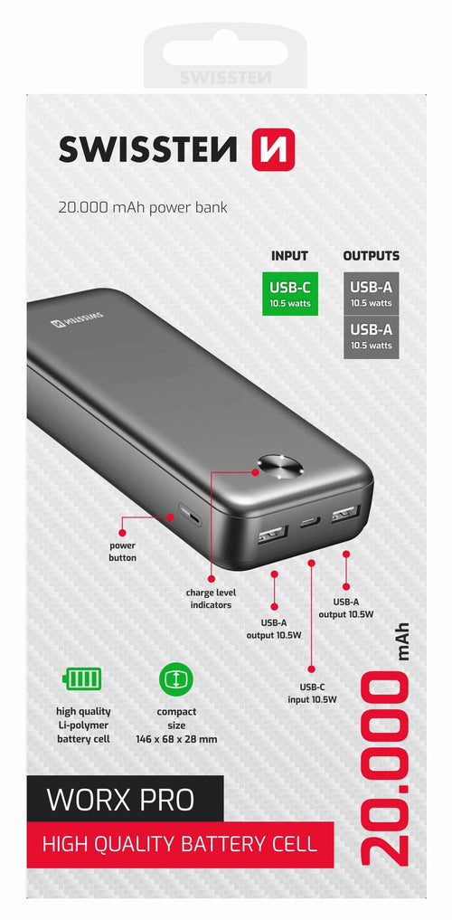 Met de Swissten Worx Pro Powerbank 20.000 mAh