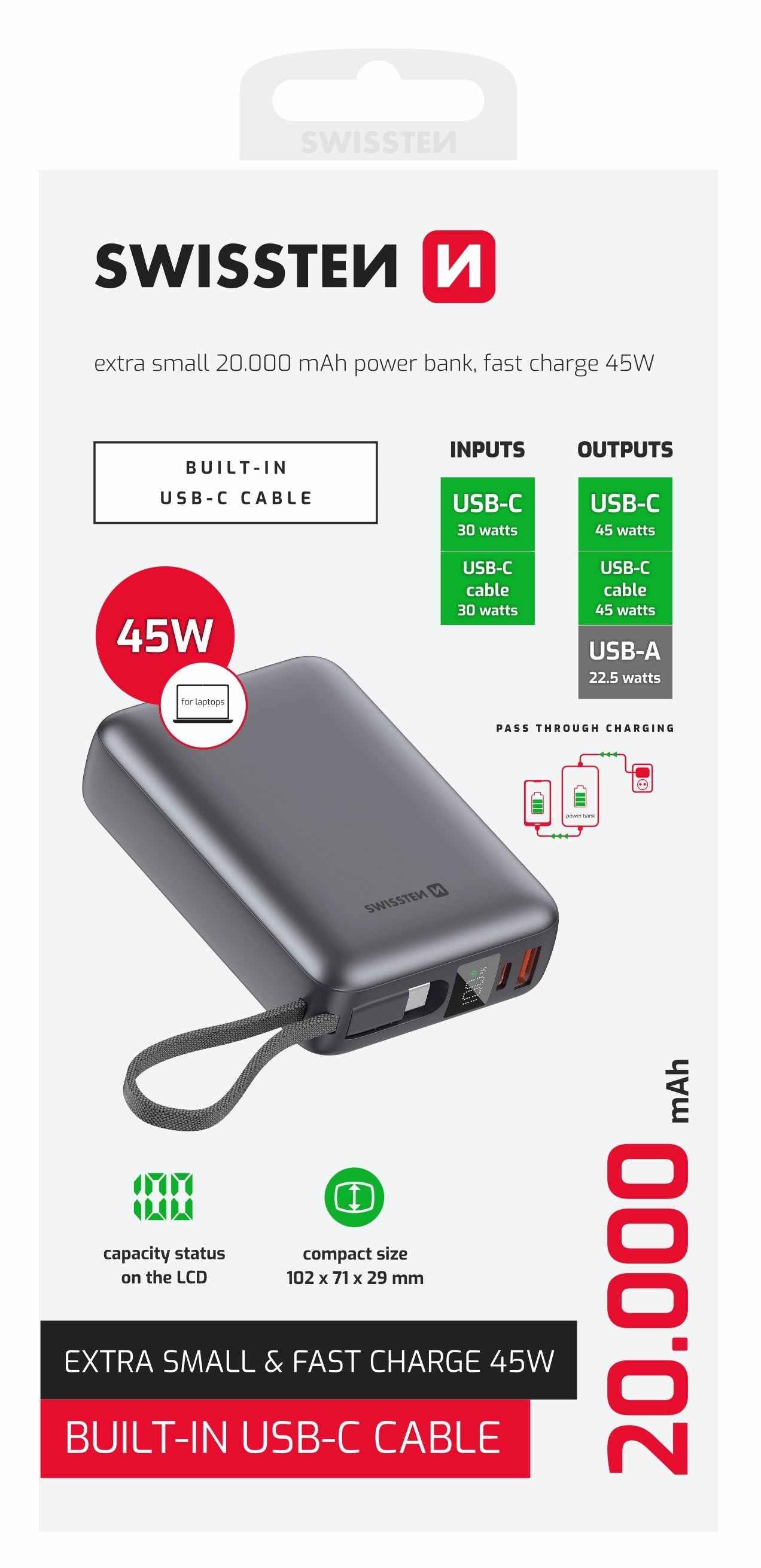 Swissten Powerbank 45W – 20.000 mAh – Ingebouwde USB-C Kabel – Zilver