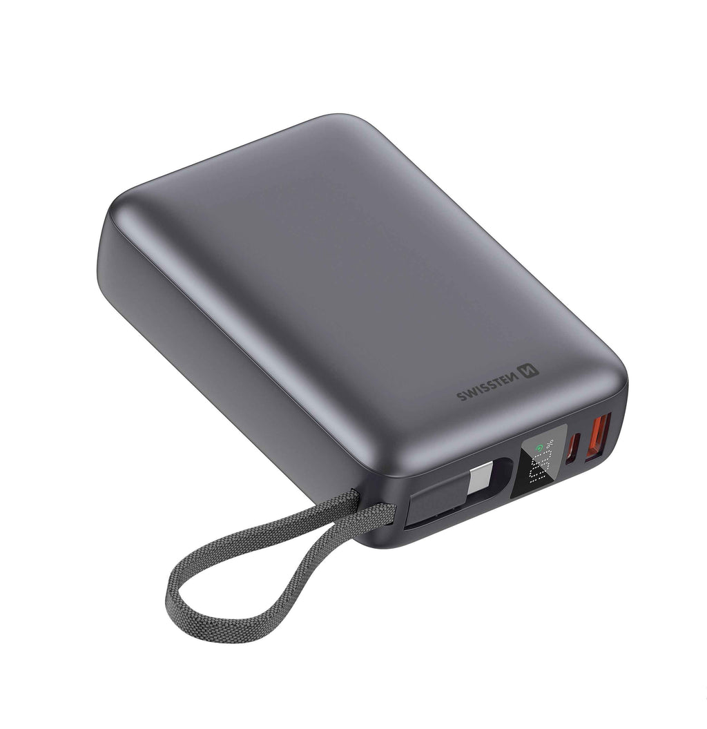 Swissten Powerbank 45W – 20.000 mAh – Ingebouwde USB-C Kabel – Zilver