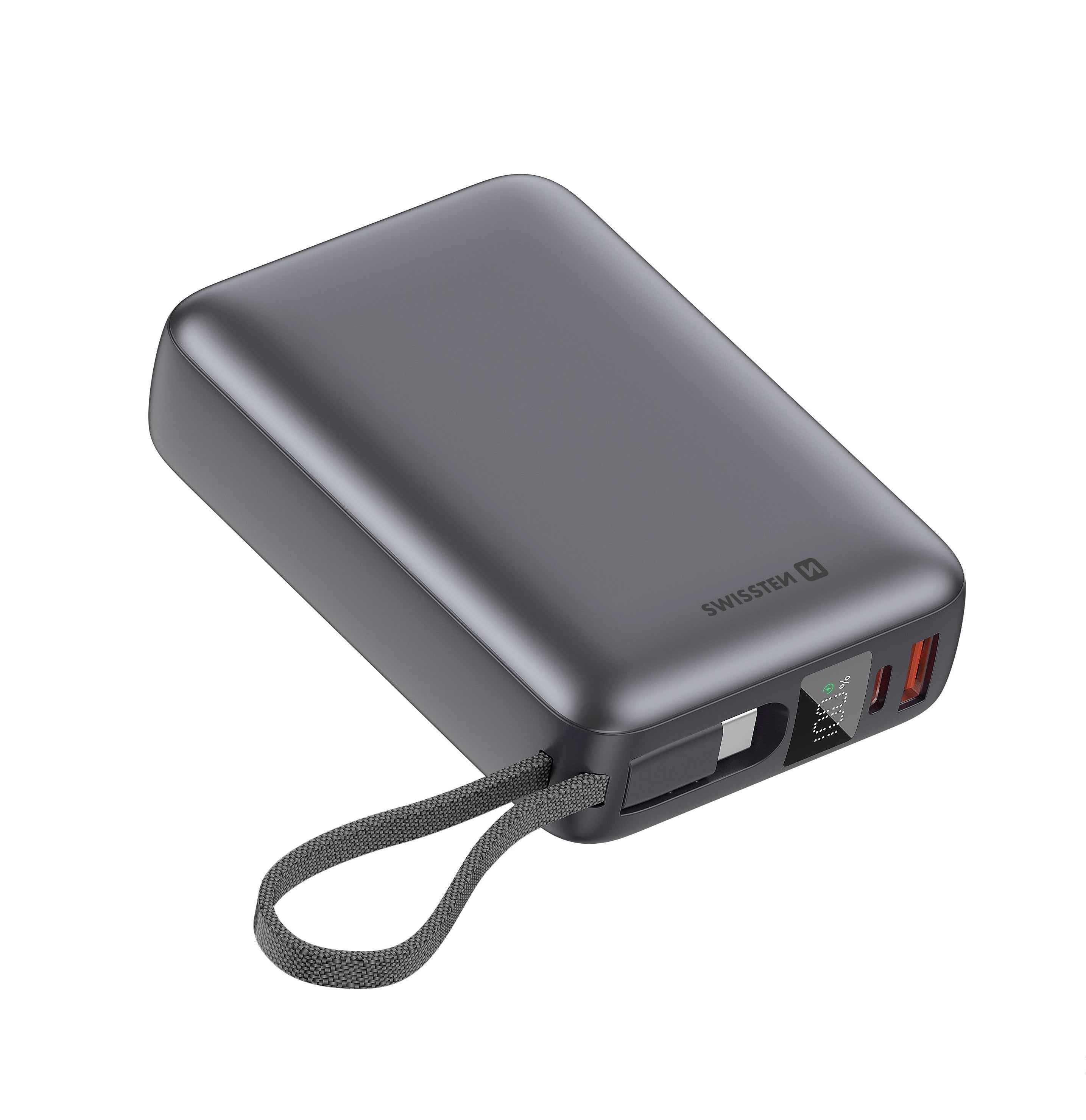 Swissten Powerbank 45W – 20.000 mAh – Ingebouwde USB-C Kabel – Zilver