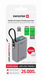 Swissten Airplane Friendly Powerbank 100W – 25.000 mAh – Grijs