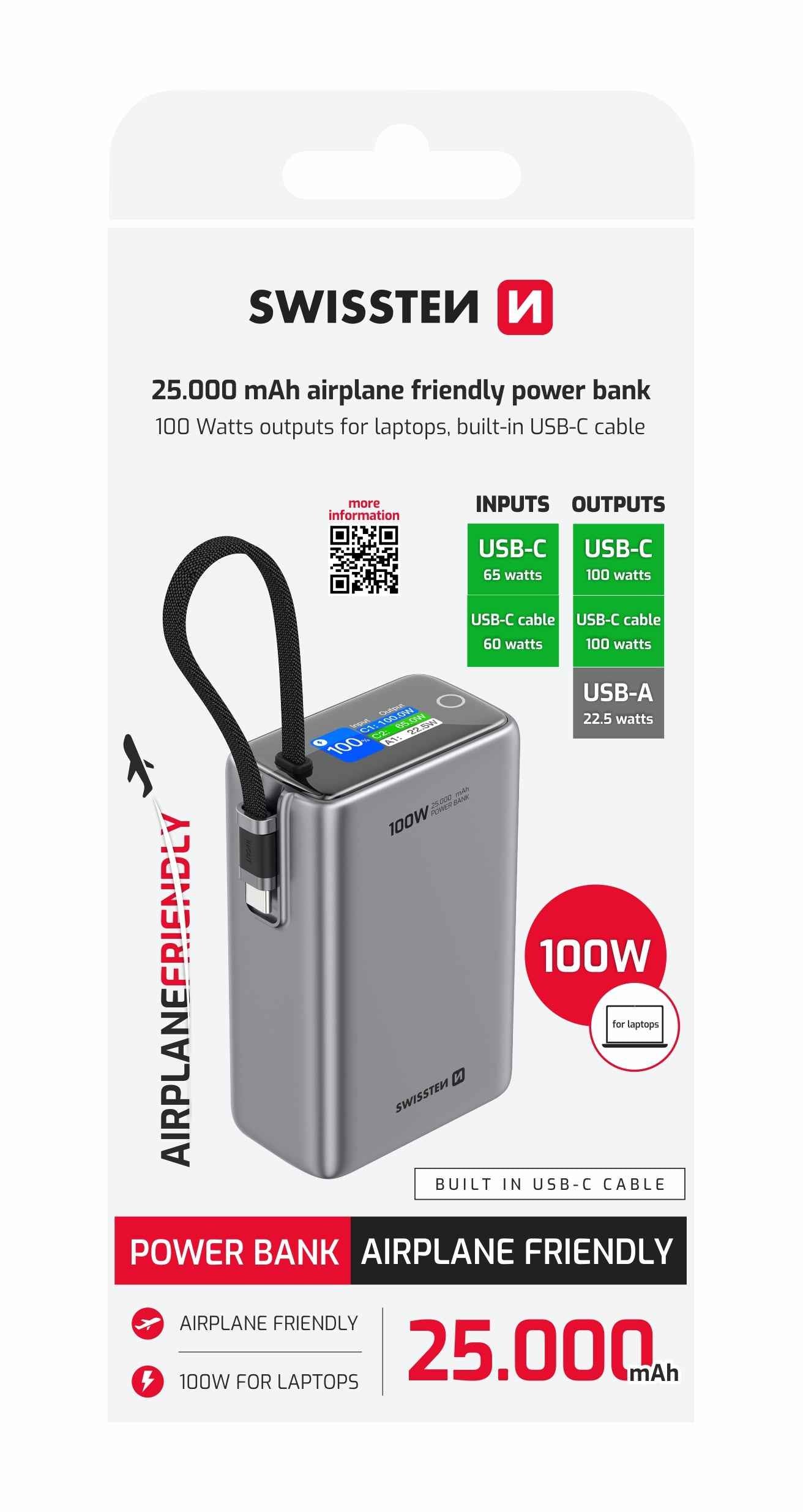 Swissten Airplane Friendly Powerbank 100W – 25.000 mAh – Grijs