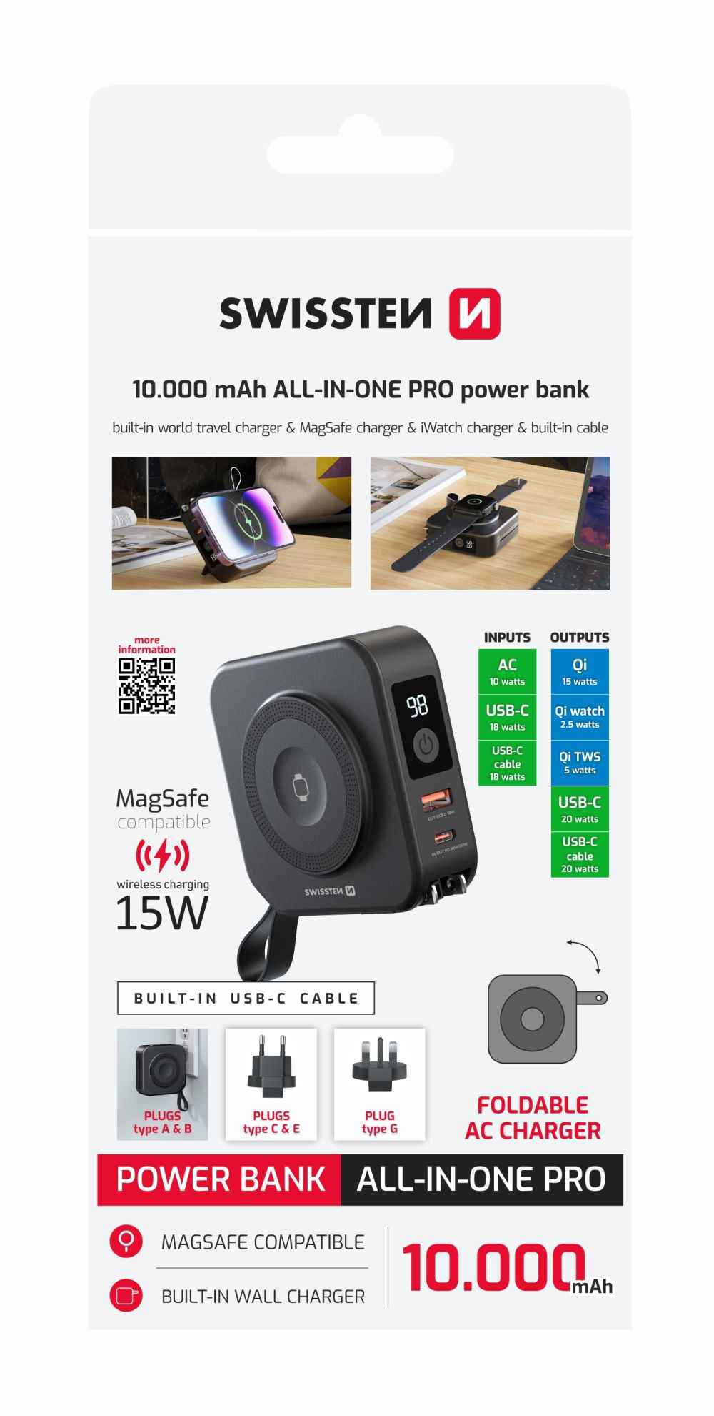 Swissten All-in-One Pro Powerbank – 10.000 mAh – Zwart