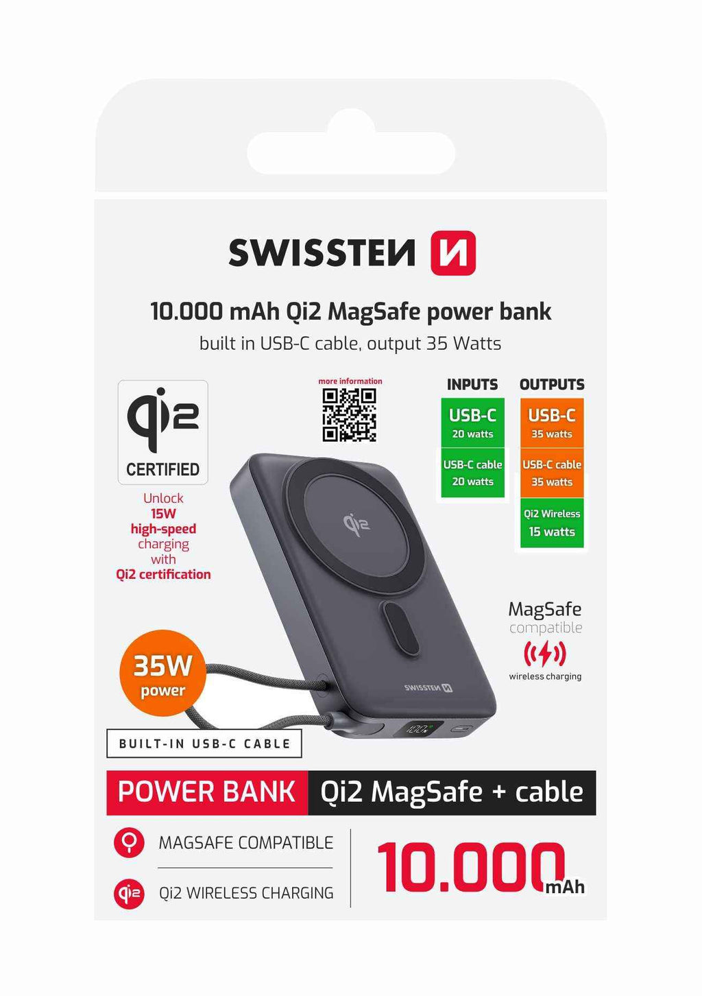Swissten MagSafe Powerbank 15W – 10.000 mAh – Zwart